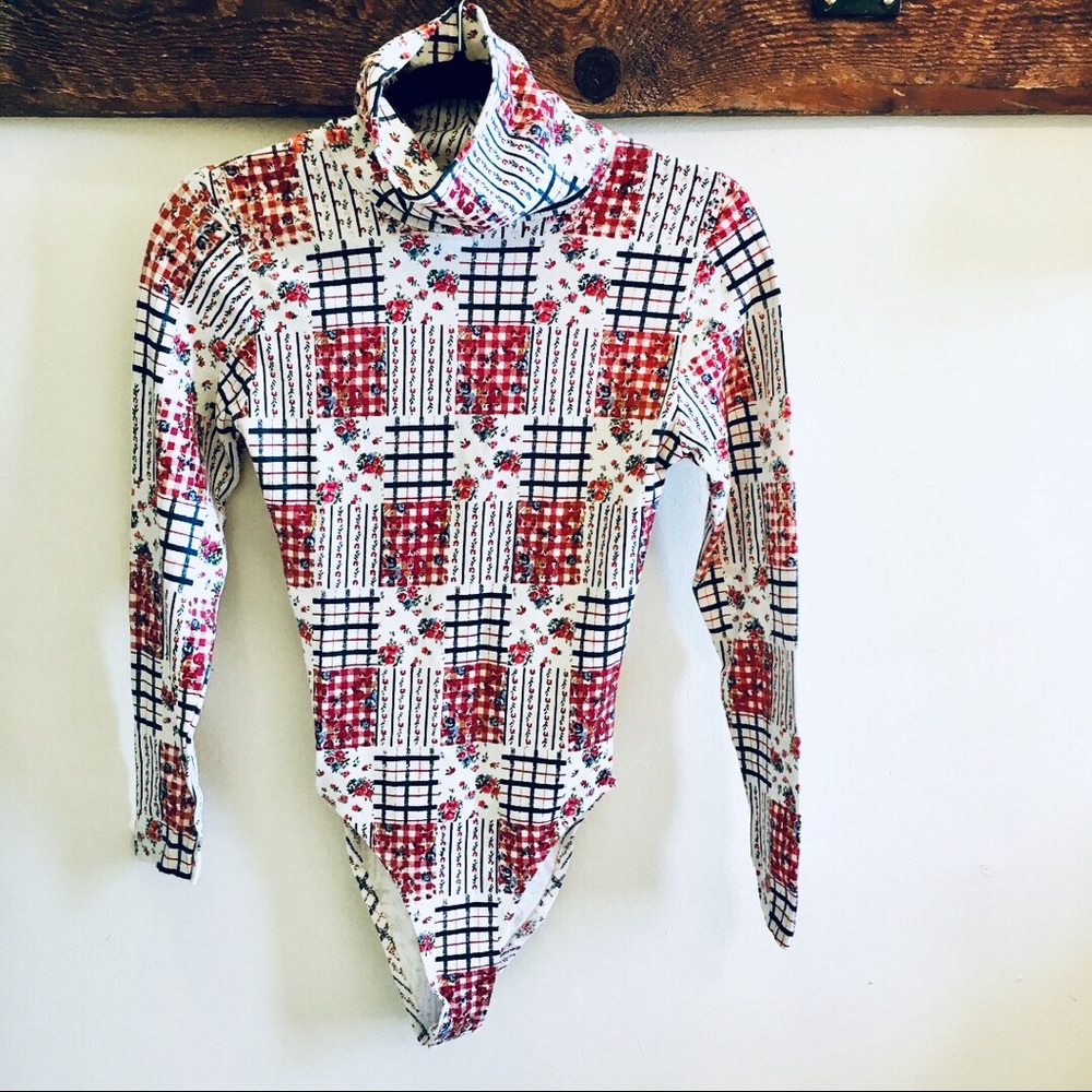 Bodysuit—Long-Sleeve Check Plaid, Blue + Dark Pink - Picture 2 of 3
